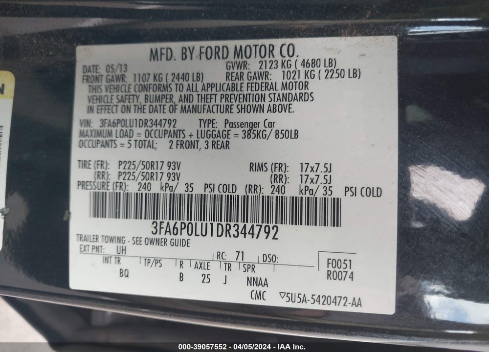 2013 FORD FUSION HYBRID SE VIN: 3FA6P0LU1DR344792