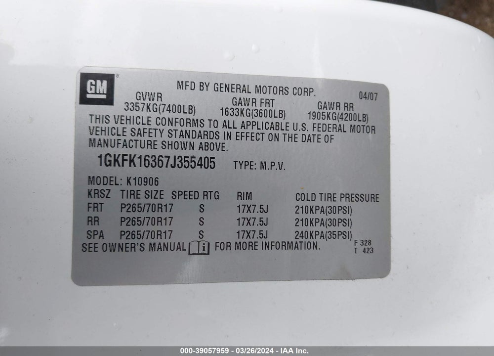 2007 GMC YUKON XL 1500 SLT VIN: 1GKFK16367J355405