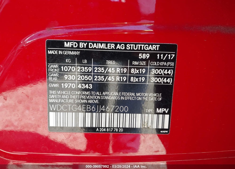 2018 MERCEDES-BENZ GLA 250 VIN: WDCTG4EB6JJ467200