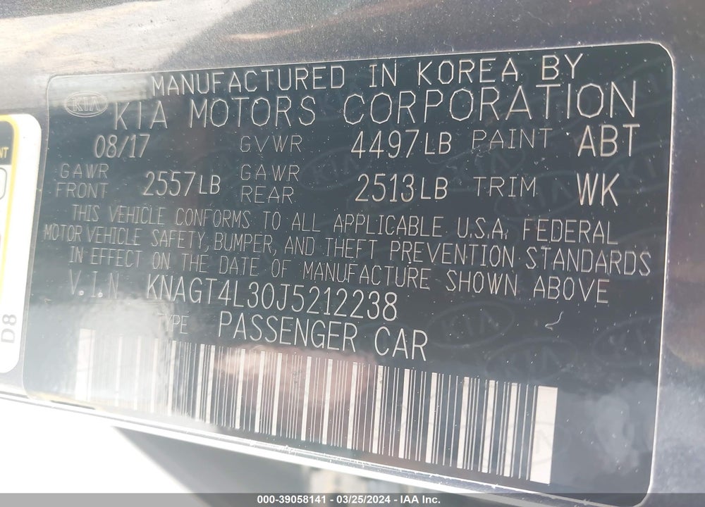 2018 KIA OPTIMA LX VIN: KNAGT4L30J5212238