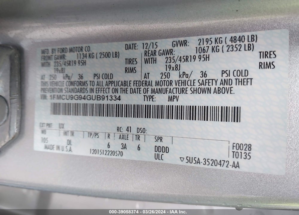 2016 FORD ESCAPE SE VIN: 1FMCU9G94GUB91334