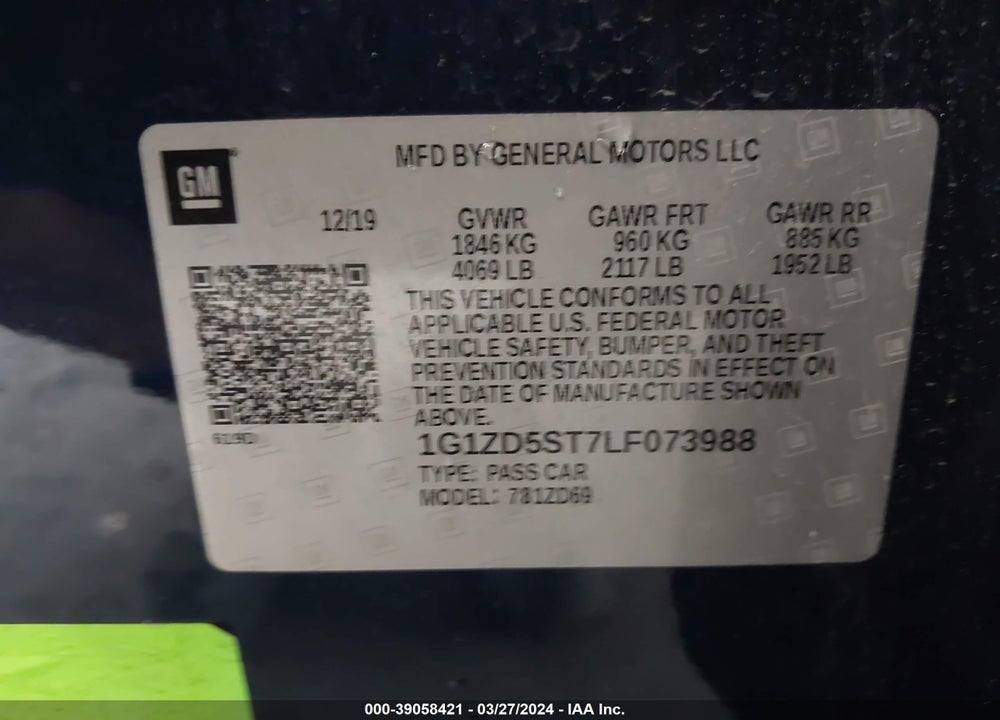 2020 CHEVROLET MALIBU FWD LT VIN: 1G1ZD5ST7LF073988
