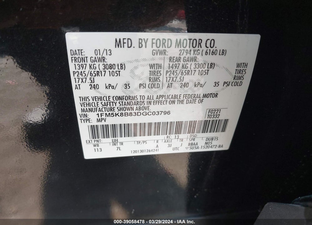2013 FORD EXPLORER VIN: 1FM5K8B83DGC03796