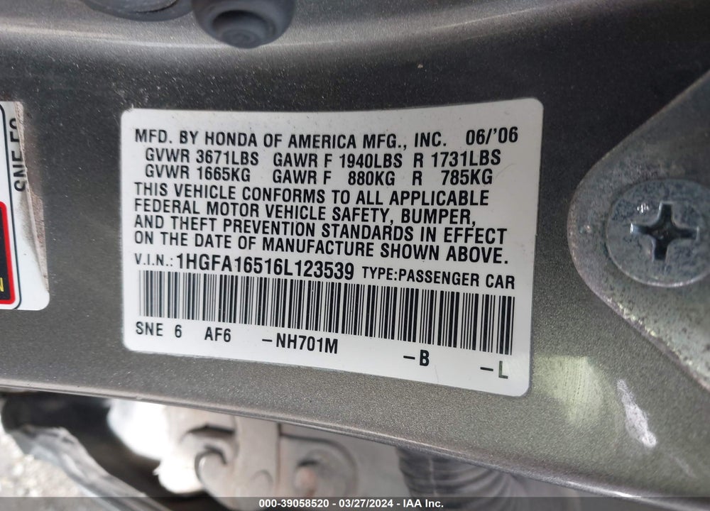 2006 HONDA CIVIC LX VIN: 1HGFA16516L123539