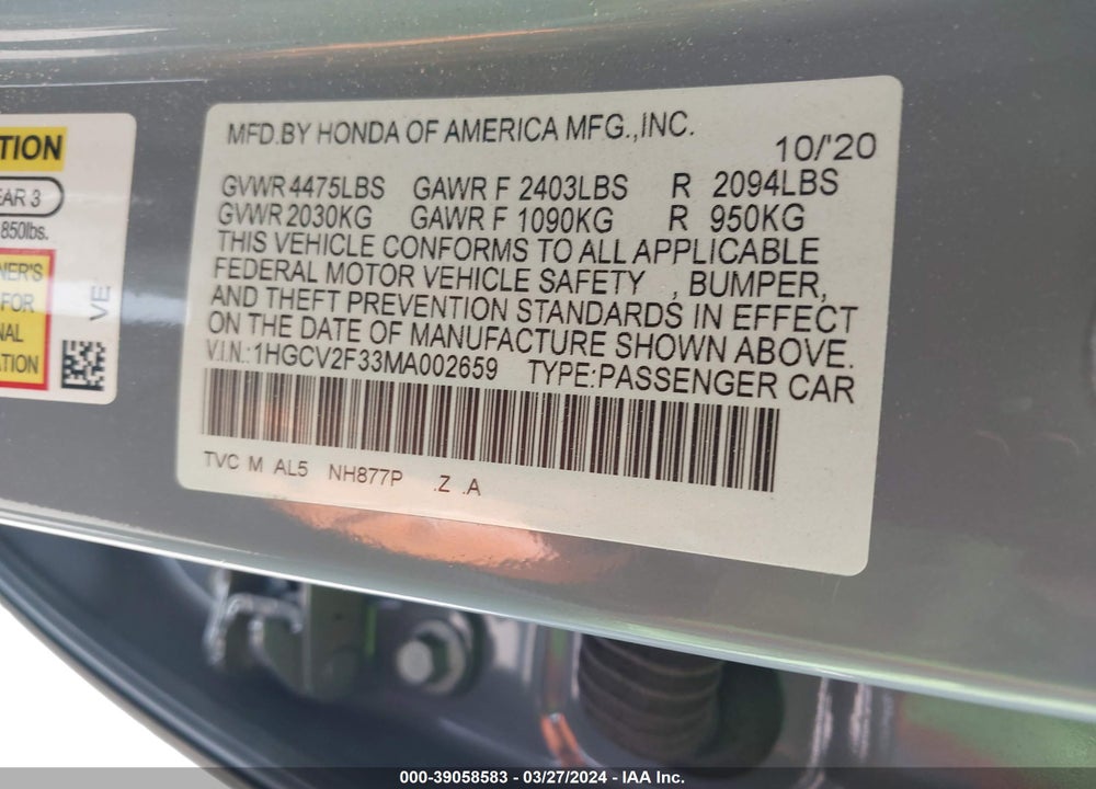 2021 HONDA ACCORD SPORT 2.0T VIN: 1HGCV2F33MA002659