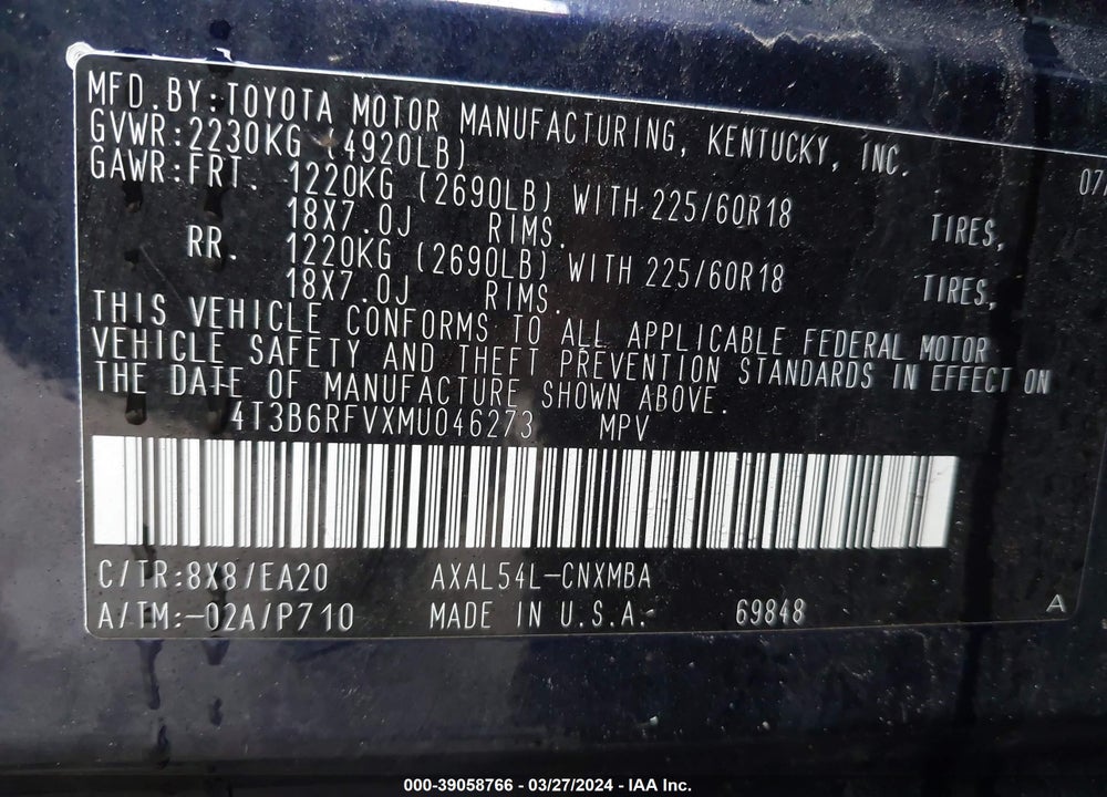 2021 TOYOTA RAV4 XLE PREMIUM HYBRID VIN: 4T3B6RFVXMU046273