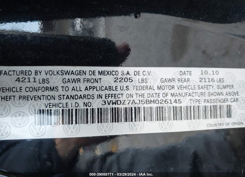 2011 VOLKSWAGEN JETTA 2.5L SE VIN: 3VWDZ7AJ5BM026145
