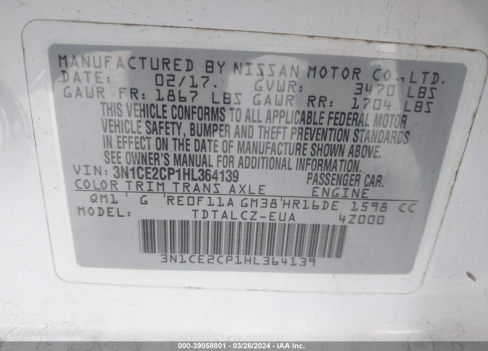 2017 NISSAN VERSA NOTE S PLUS VIN: 3N1CE2CP1HL364139