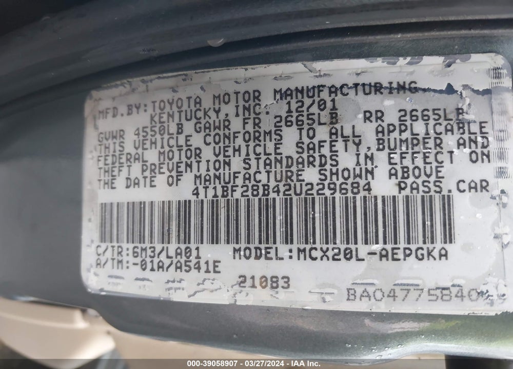2002 TOYOTA AVALON XLS VIN: 4T1BF28B42U229684