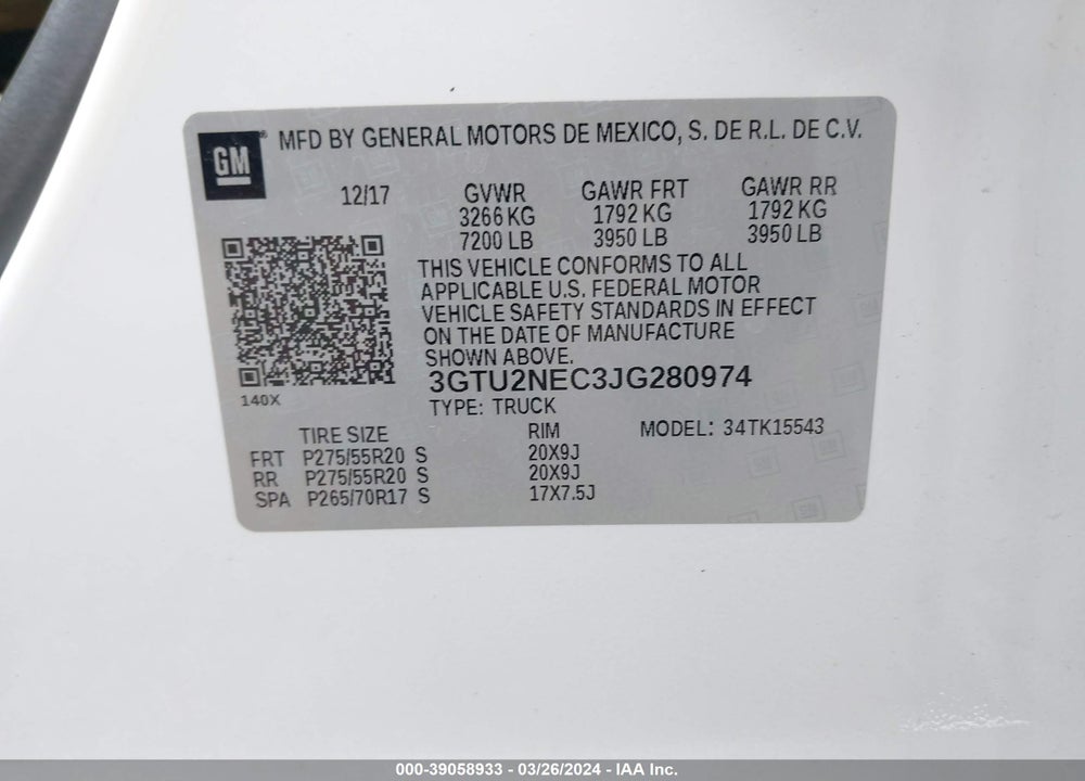 2018 GMC SIERRA 1500 SLT VIN: 3GTU2NEC3JG280974