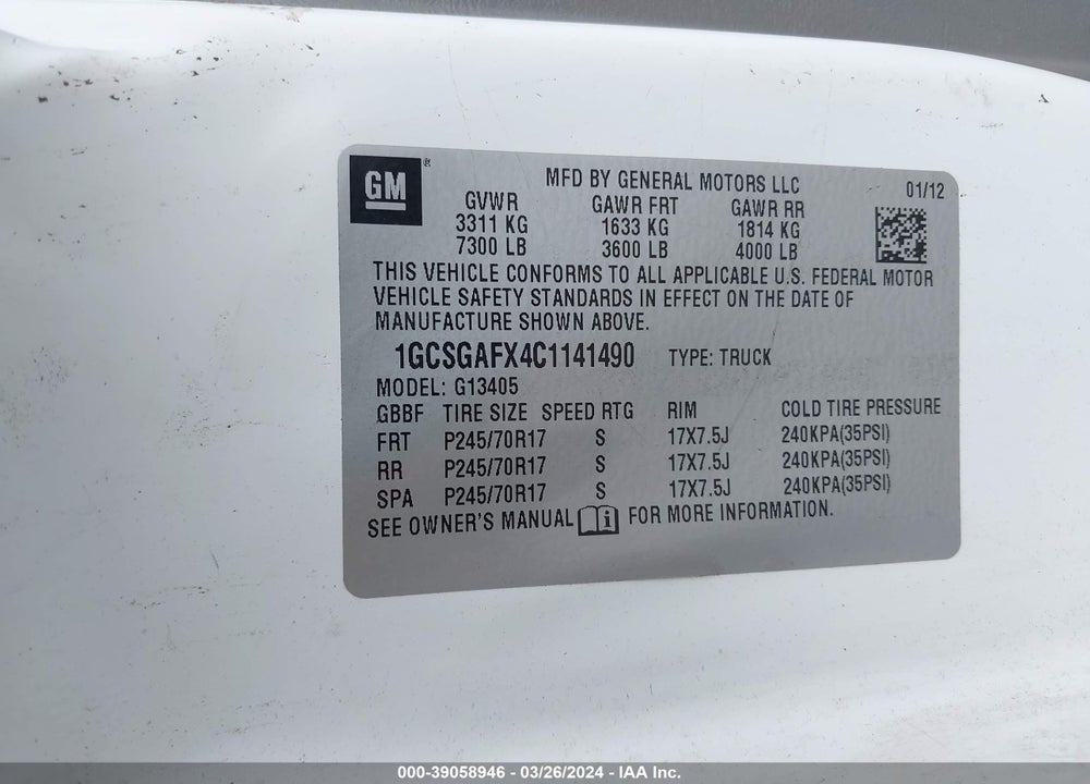 2012 CHEVROLET EXPRESS 1500 WORK VAN VIN: 1GCSGAFX4C1141490