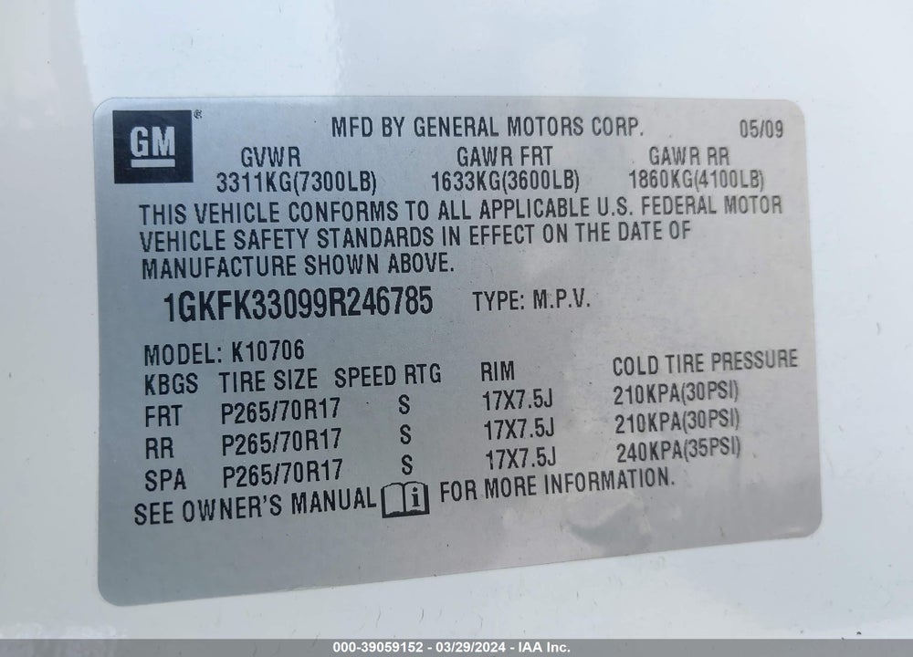 2009 GMC YUKON SLT W/4SB VIN: 1GKFK33099R246785