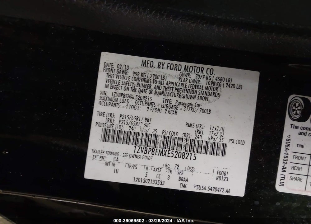 2014 FORD MUSTANG VIN: 1ZVBP8EMXE5208215