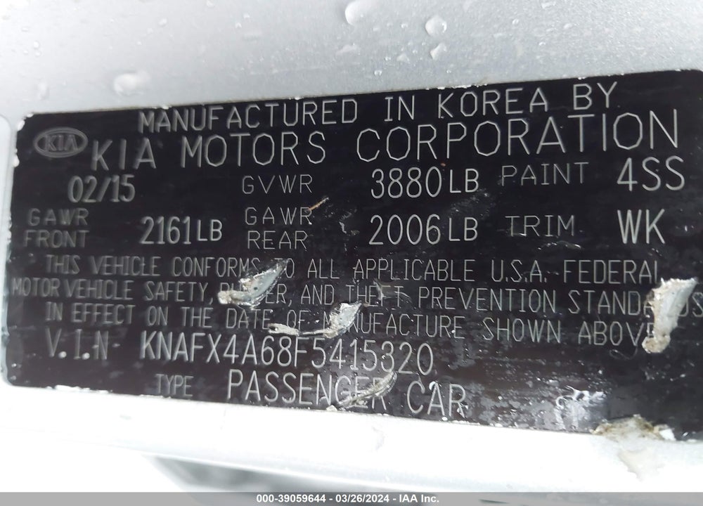 2015 KIA FORTE LX VIN: KNAFX4A68F5415320