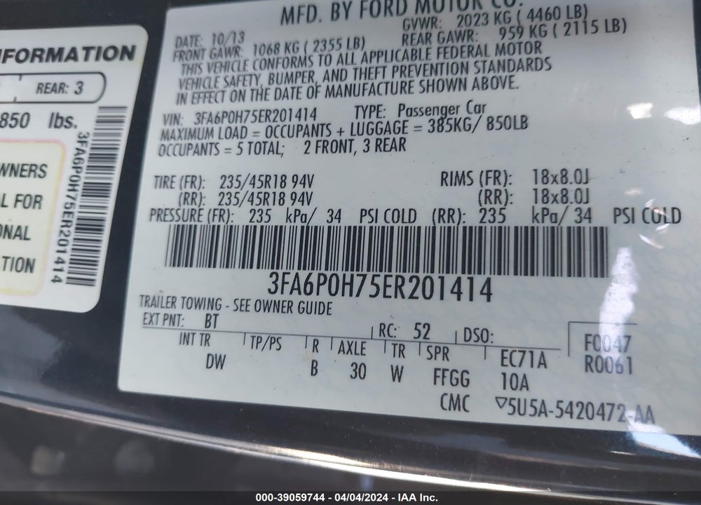 2014 FORD FUSION SE VIN: 3FA6P0H75ER201414