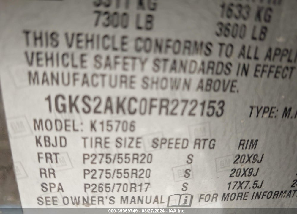 2015 GMC YUKON SLE VIN: 1GKS2AKC0FR272153