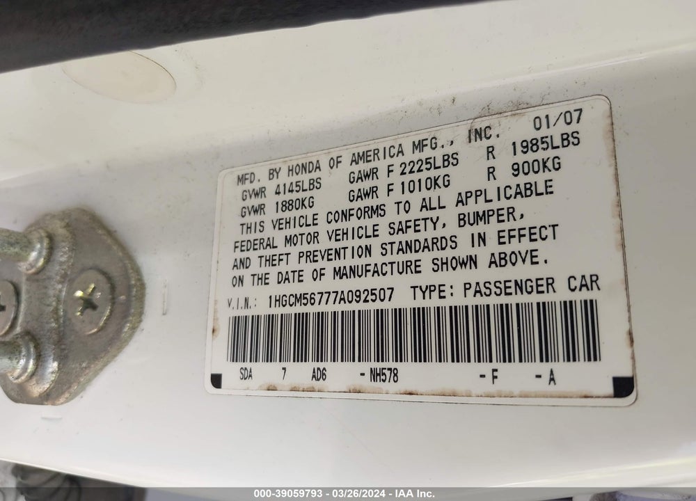 2007 HONDA ACCORD VIN: 1HGCM56777A092507