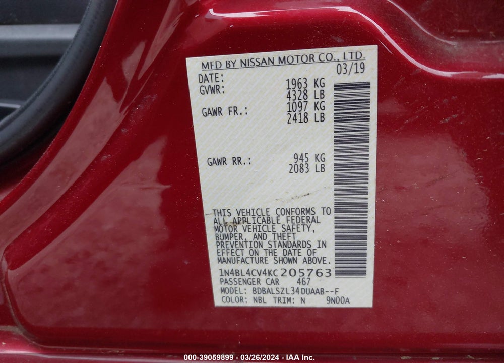 2019 NISSAN ALTIMA 2.5 SR VIN: 1N4BL4CV4KC205763