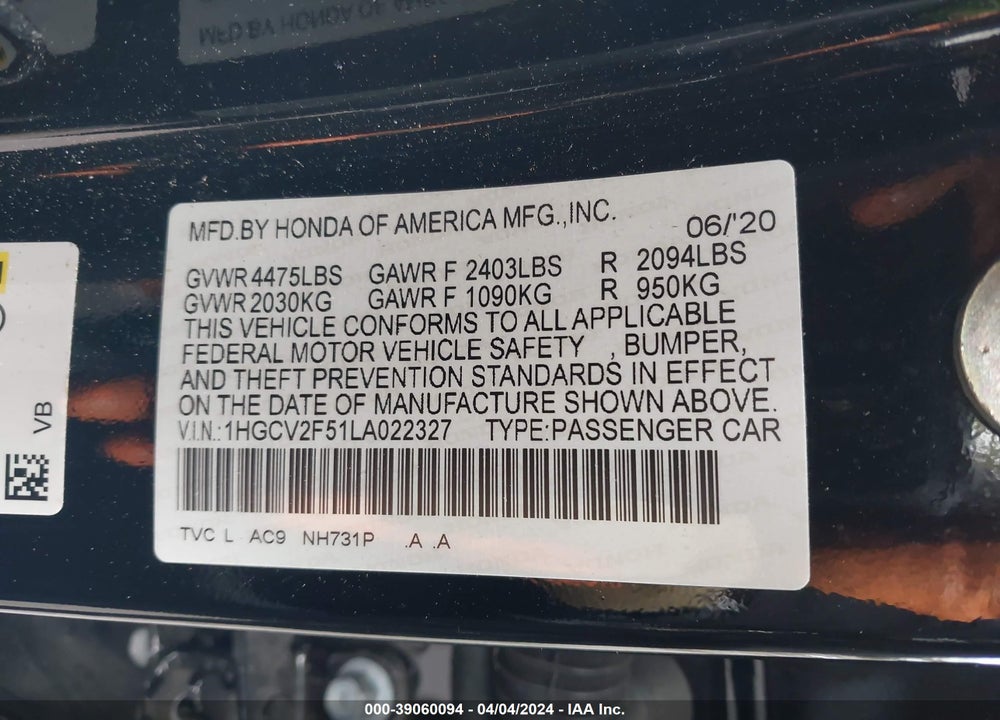 2020 HONDA ACCORD EX-L 2.0T VIN: 1HGCV2F51LA022327