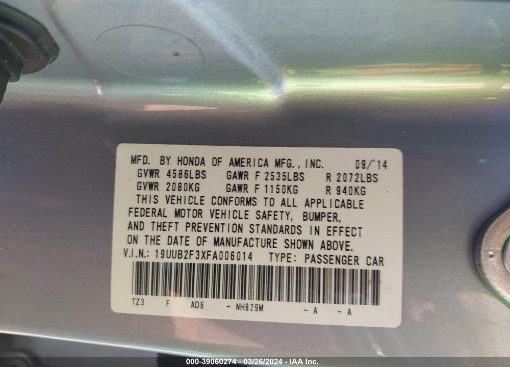 2015 ACURA TLX V6 VIN: 19UUB2F3XFA006014