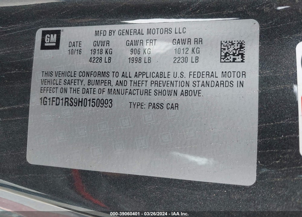 2017 CHEVROLET CAMARO 2LT VIN: 1G1FD1RS9H0150993