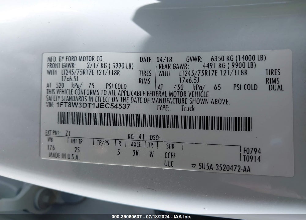 2018 FORD F-350 XLT VIN: 1FT8W3DT1JEC54537