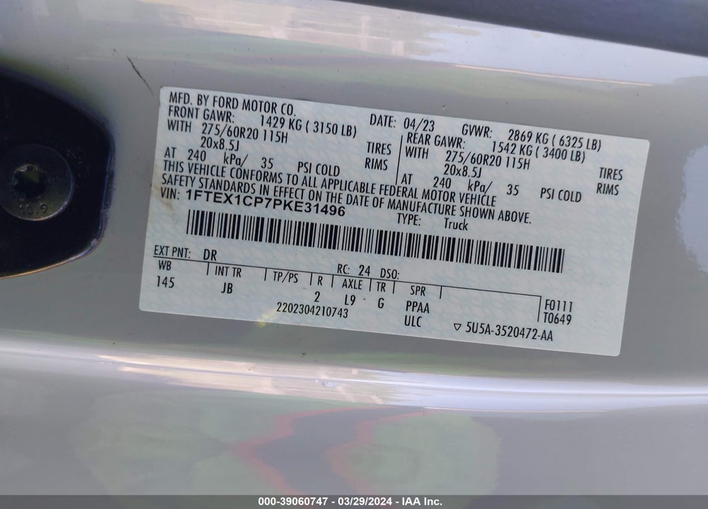 2023 FORD F-150 XL VIN: 1FTEX1CP7PKE31496