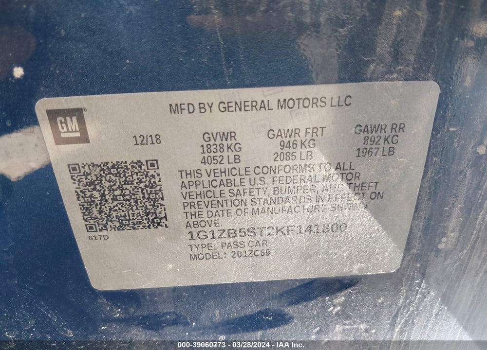 2019 CHEVROLET MALIBU 1LS VIN: 1G1ZB5ST2KF141800