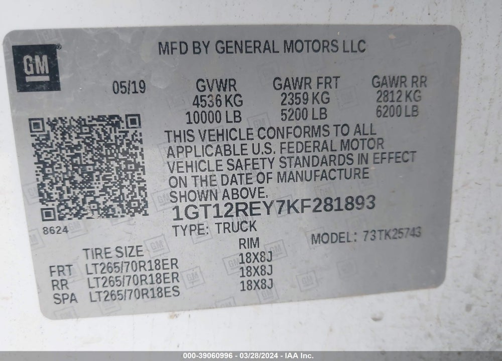 2019 GMC SIERRA 2500HD SLT VIN: 1GT12REY7KF281893