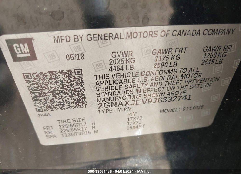 2018 CHEVROLET EQUINOX LT VIN: 2GNAXJEV9J6332741