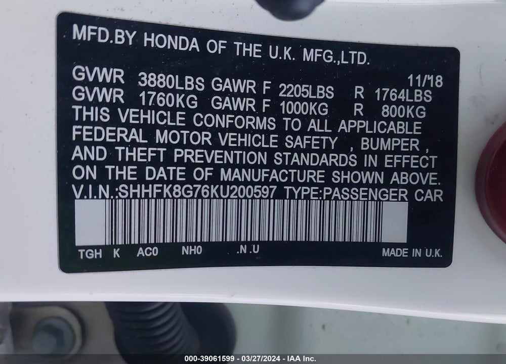 2019 HONDA CIVIC TYPE-R TOURING VIN: SHHFK8G76KU200597