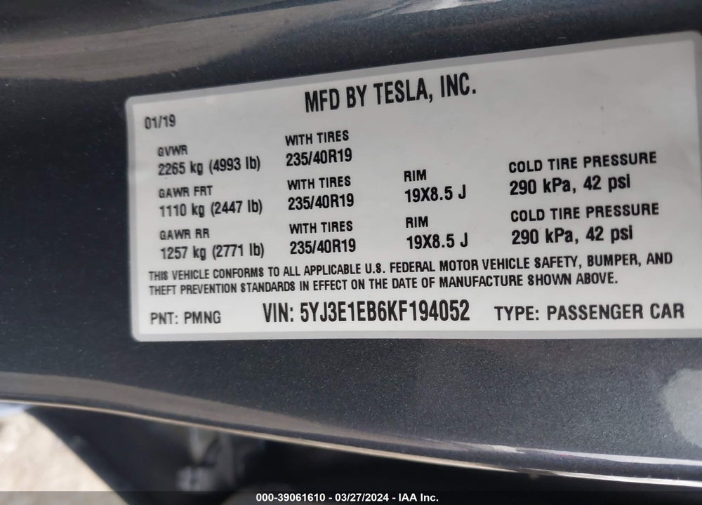 2019 TESLA MODEL 3 LONG RANGE/PERFORMANCE VIN: 5YJ3E1EB6KF194052