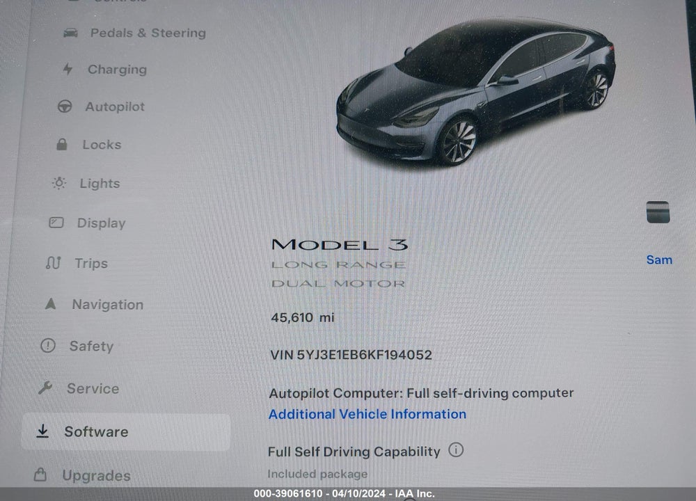 2019 TESLA MODEL 3 LONG RANGE/PERFORMANCE VIN: 5YJ3E1EB6KF194052