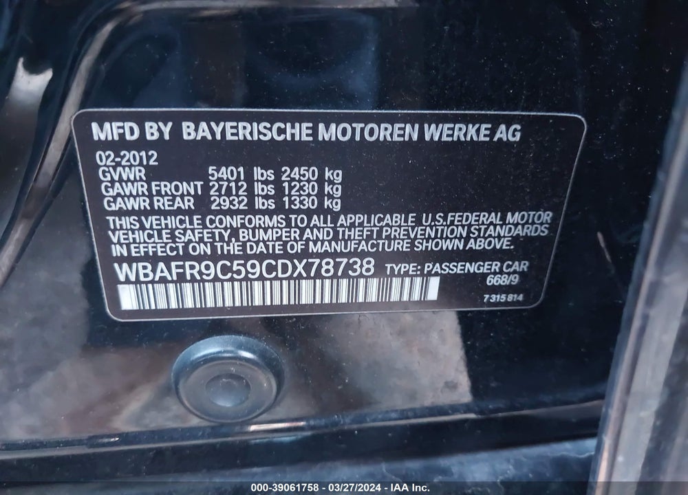 2012 BMW 550I VIN: WBAFR9C59CDX78738