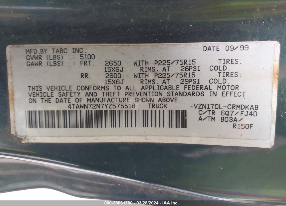 2000 TOYOTA TACOMA BASE V6 VIN: 4TAWN72N7YZ575518