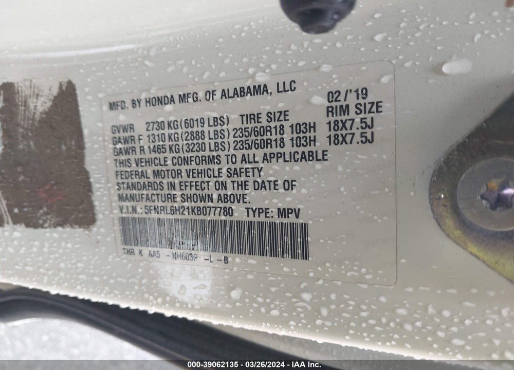 2019 HONDA ODYSSEY LX VIN: 5FNRL6H21KB077780