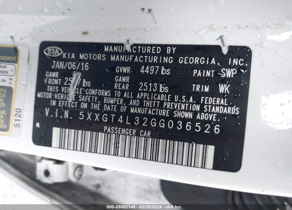 2016 KIA OPTIMA LX VIN: 5XXGT4L32GG036526