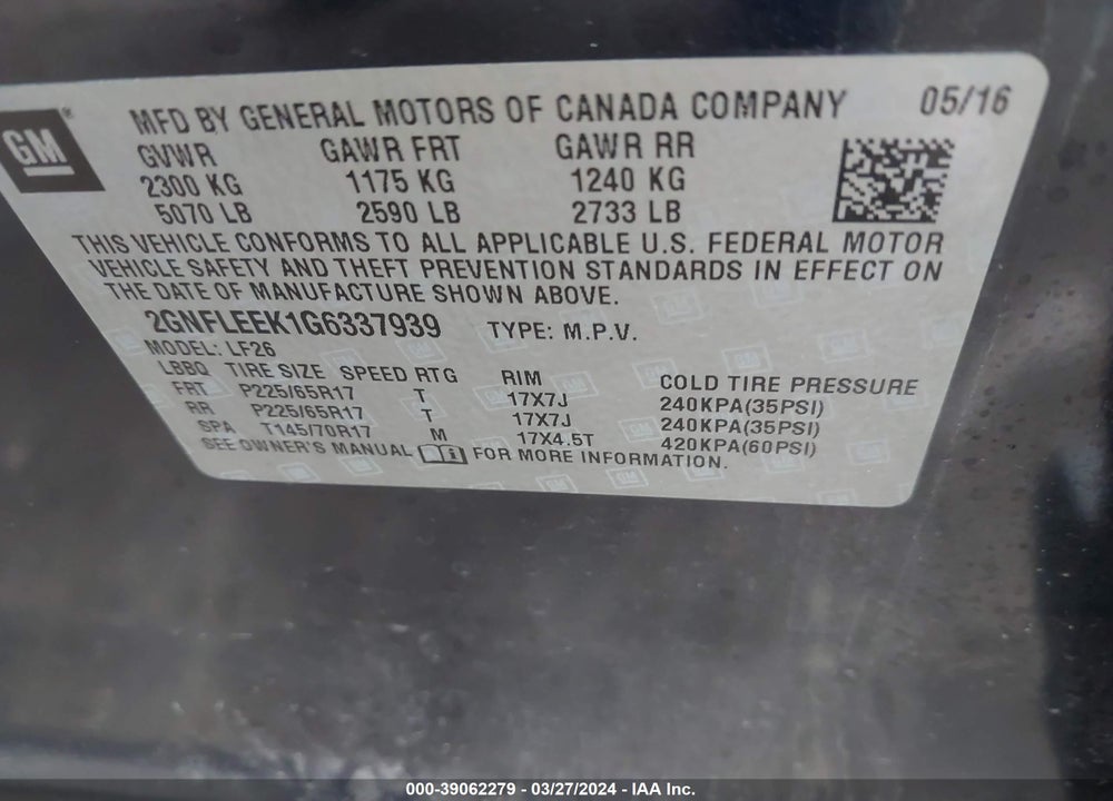 2016 CHEVROLET EQUINOX LS VIN: 2GNFLEEK1G6337939