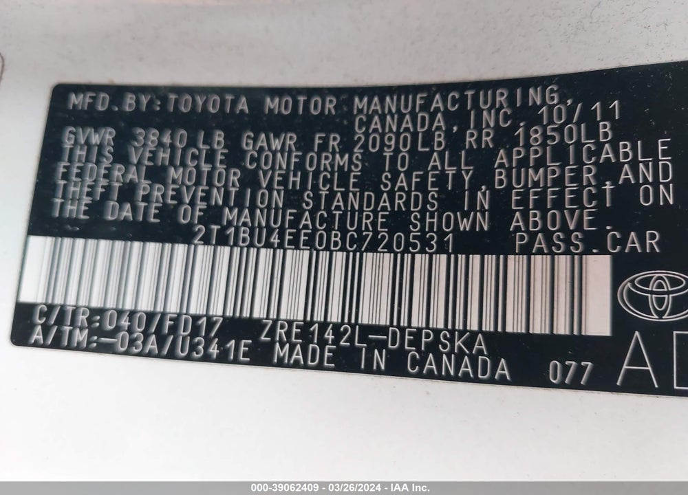 2011 TOYOTA COROLLA S VIN: 2T1BU4EE0BC720531
