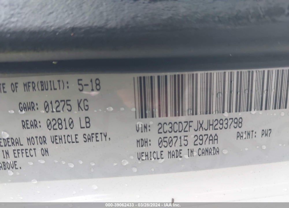 2018 DODGE CHALLENGER R/T SCAT PACK VIN: 2C3CDZFJXJH293798