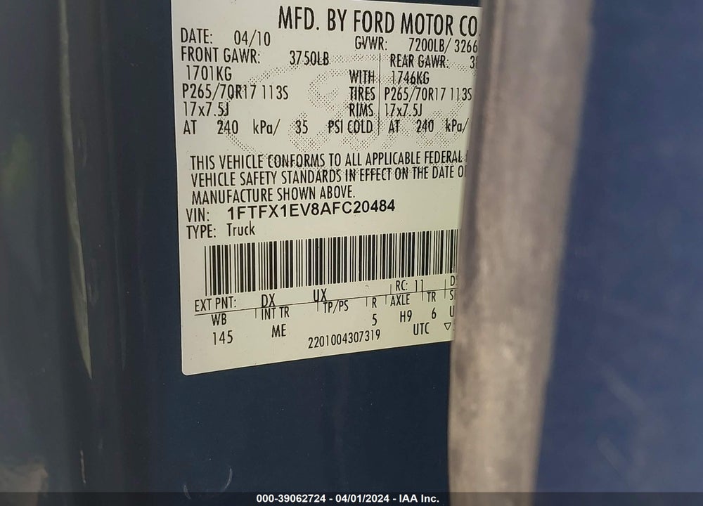 2010 FORD F-150 FX4/LARIAT/XL/XLT VIN: 1FTFX1EV8AFC20484