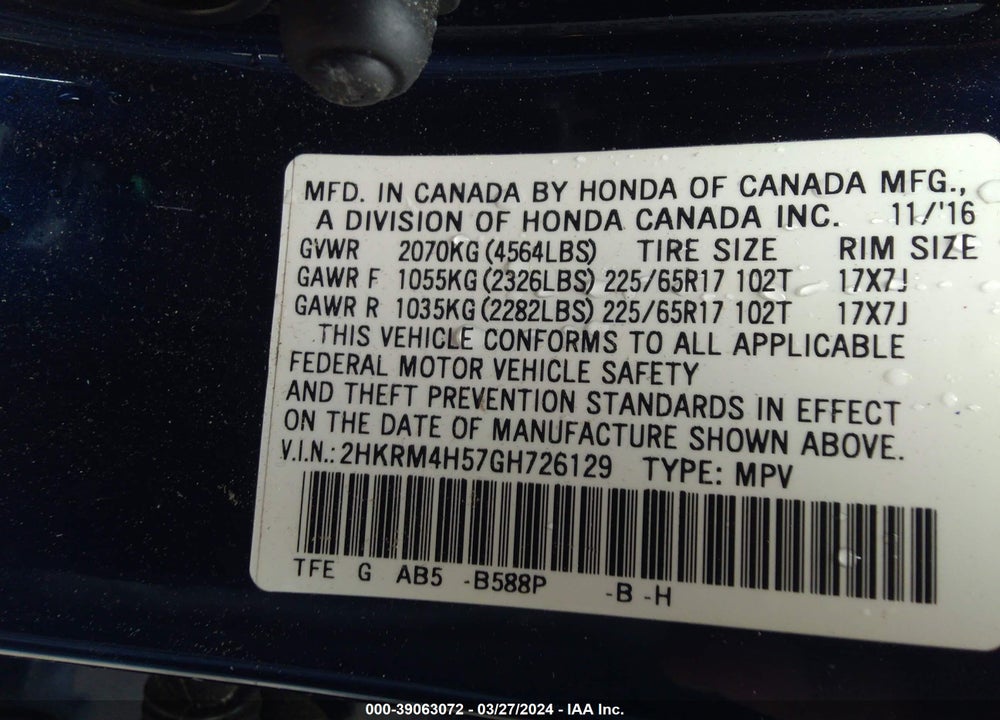 2016 HONDA CR-V EX VIN: 2HKRM4H57GH726129