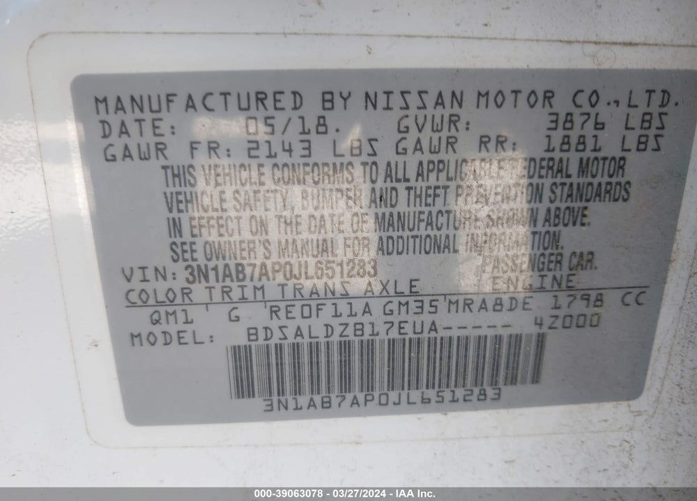 2018 NISSAN SENTRA SV VIN: 3N1AB7AP0JL651283