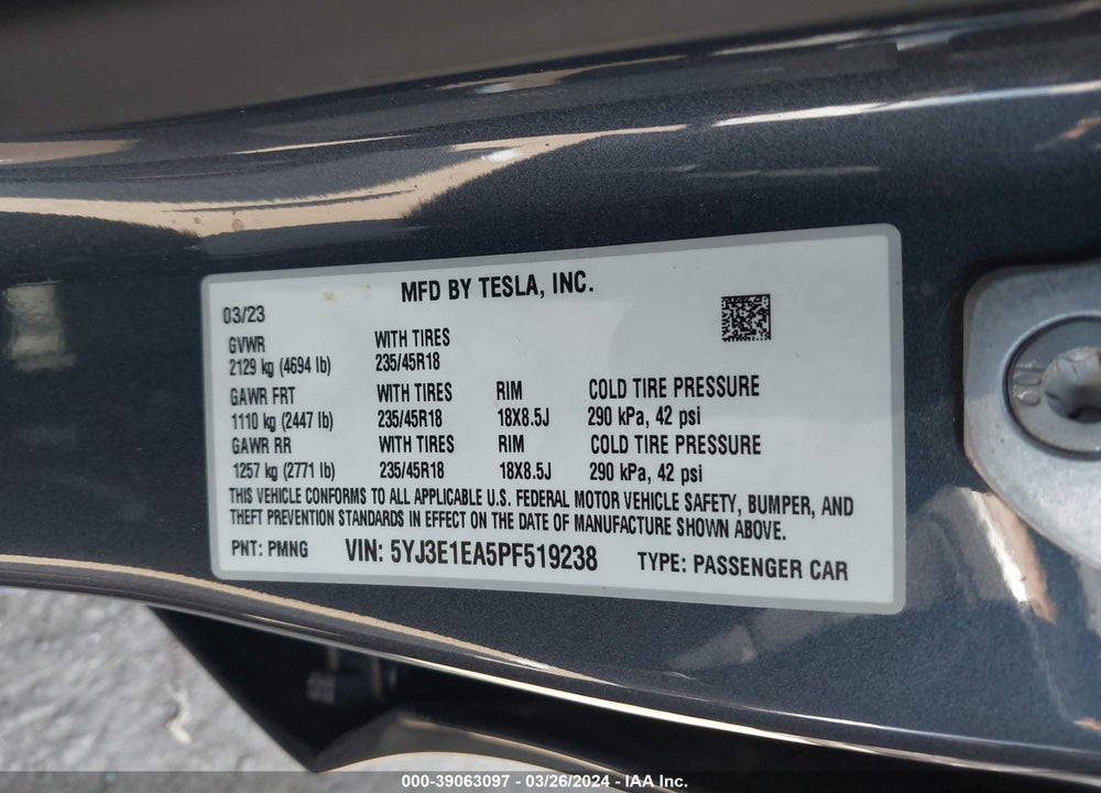 2023 TESLA MODEL 3 REAR-WHEEL DRIVE VIN: 5YJ3E1EA5PF519238