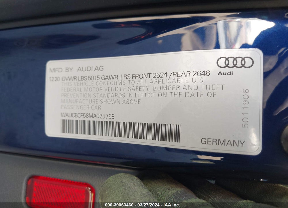 2021 AUDI A5 SPORTBACK PREMIUM PLUS 40 TFSI QUATTRO S TRONIC VIN: WAUCBCF58MA025768