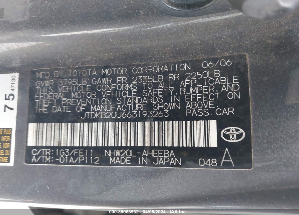 2006 TOYOTA PRIUS VIN: JTDKB20U663193263