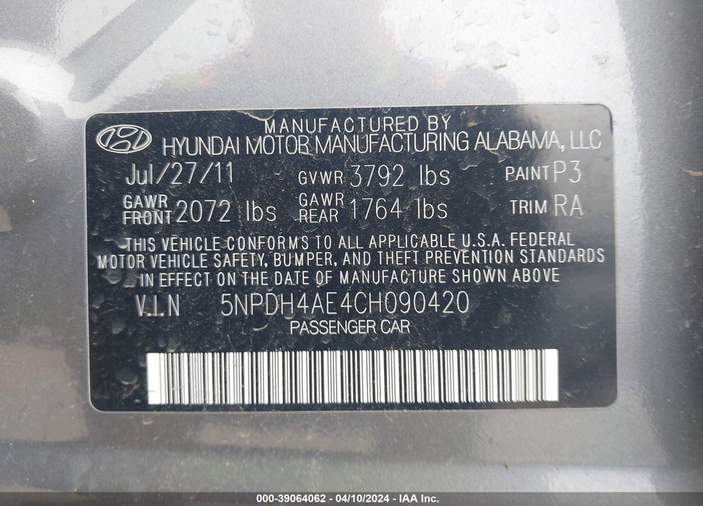 2012 HYUNDAI ELANTRA GLS VIN: 5NPDH4AE4CH090420