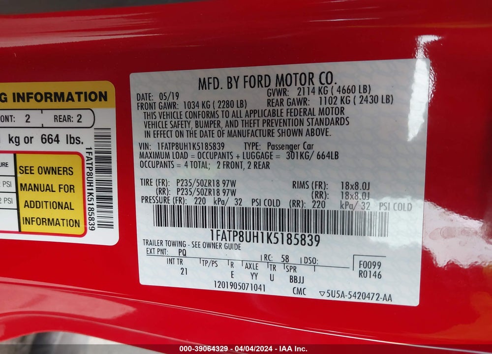 2019 FORD MUSTANG ECOBOOST VIN: 1FATP8UH1K5185839