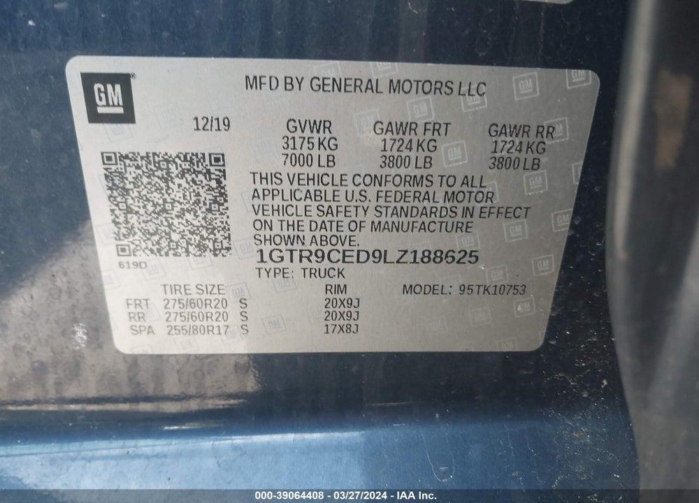2020 GMC SIERRA 1500 4WD DOUBLE CAB STANDARD BOX ELEVATION VIN: 1GTR9CED9LZ188625
