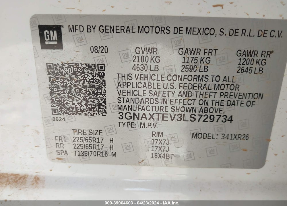 2020 CHEVROLET EQUINOX AWD 2FL VIN: 3GNAXTEV3LS729734